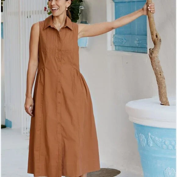 NWT Camel Cotton Poplin Midi Shirtdress Pintuck Button Front Pockets Small - Picture 2 of 10